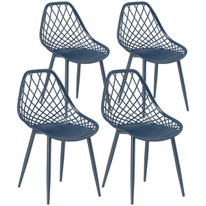 Set of 4 plastic chairs with hollow backrest and metal legs, blue