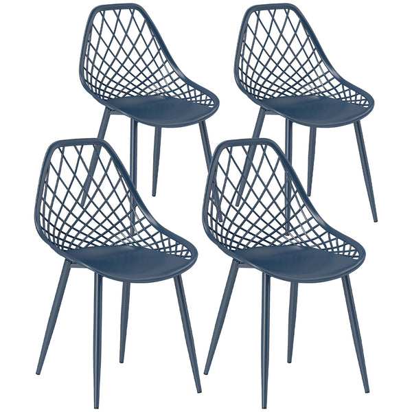 Set of 4 plastic chairs with hollow backrest and metal legs, blue
