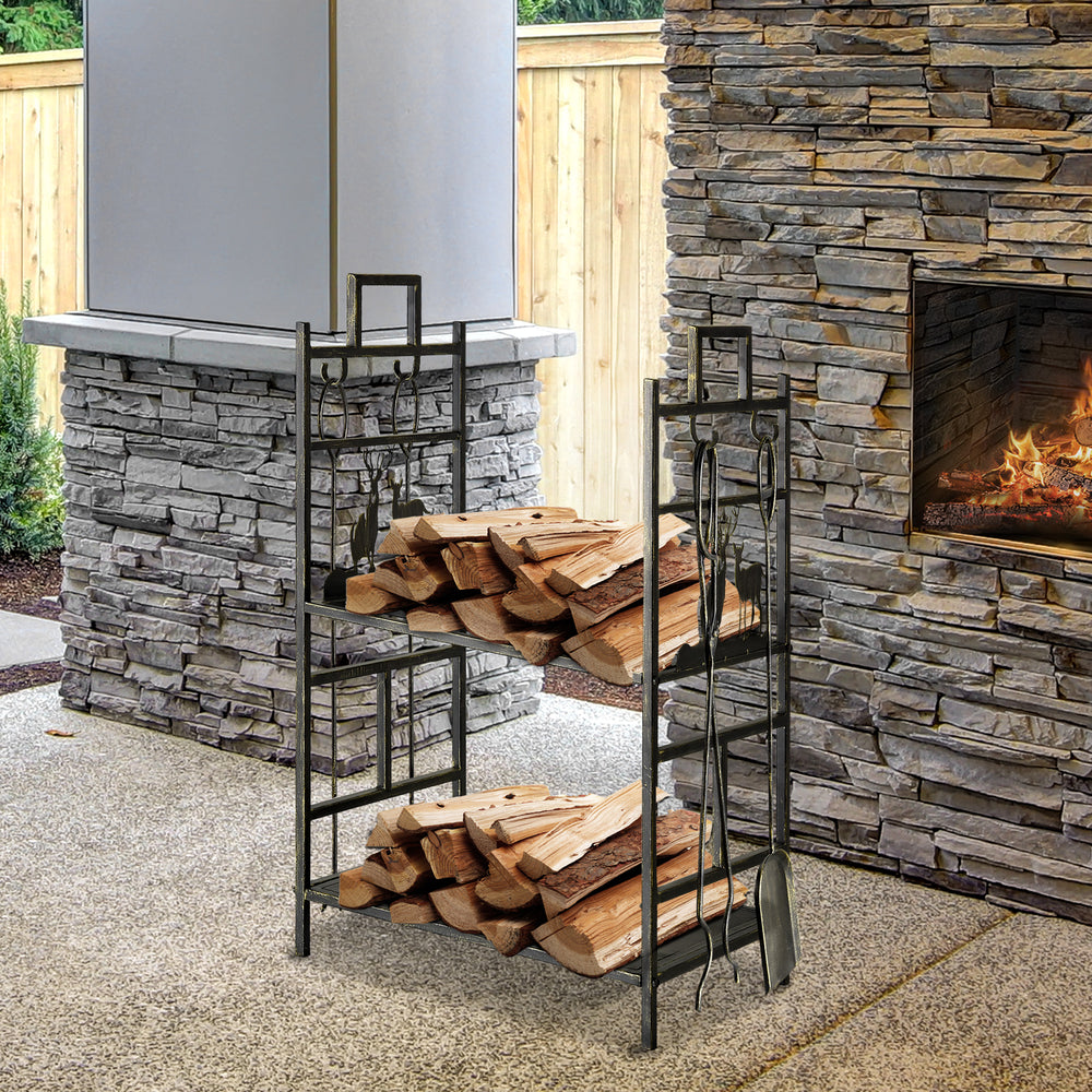 Heavy Duty 2 Tier Log Rack with 4 Tools, Black and Gold