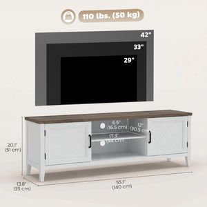 TV stand for TVs up to 42 inches with 2 open shelves, 2 cupboards, thick top, white and brown