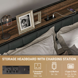 Double Bed Frame with Charging Station, Upholstered Headboard and Storage Shelf, Walnut