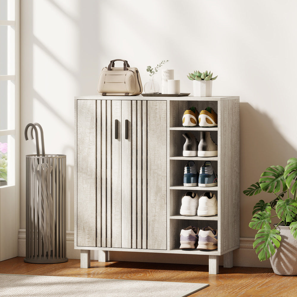 Shoe storage unit with double doors and open shelves, 17 pairs, light grey