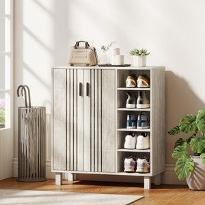 Shoe storage unit with double doors and open shelves, 17 pairs, light grey