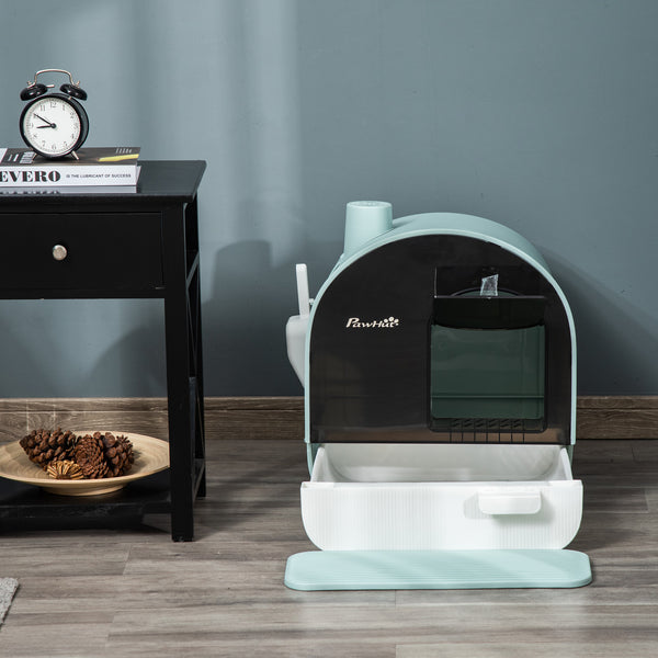 Litter box with lid, removable tray, scoop and filter, green