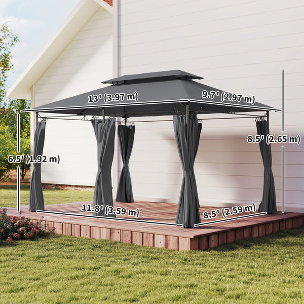 10' x 13' Double Roof Patio Gazebo, Outdoor Gazebo with Curtains, for Garden, Lawn, Backyard and Deck, Grey