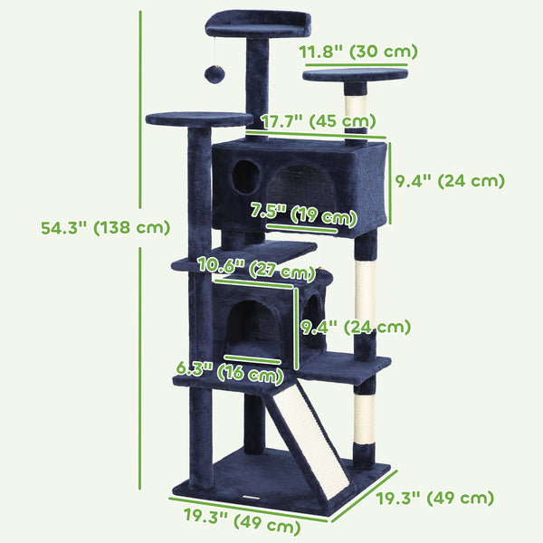 54-inch Multi-Level Cat Tree with Scratching Posts, Condos, Bed, Platforms, Dark Blue