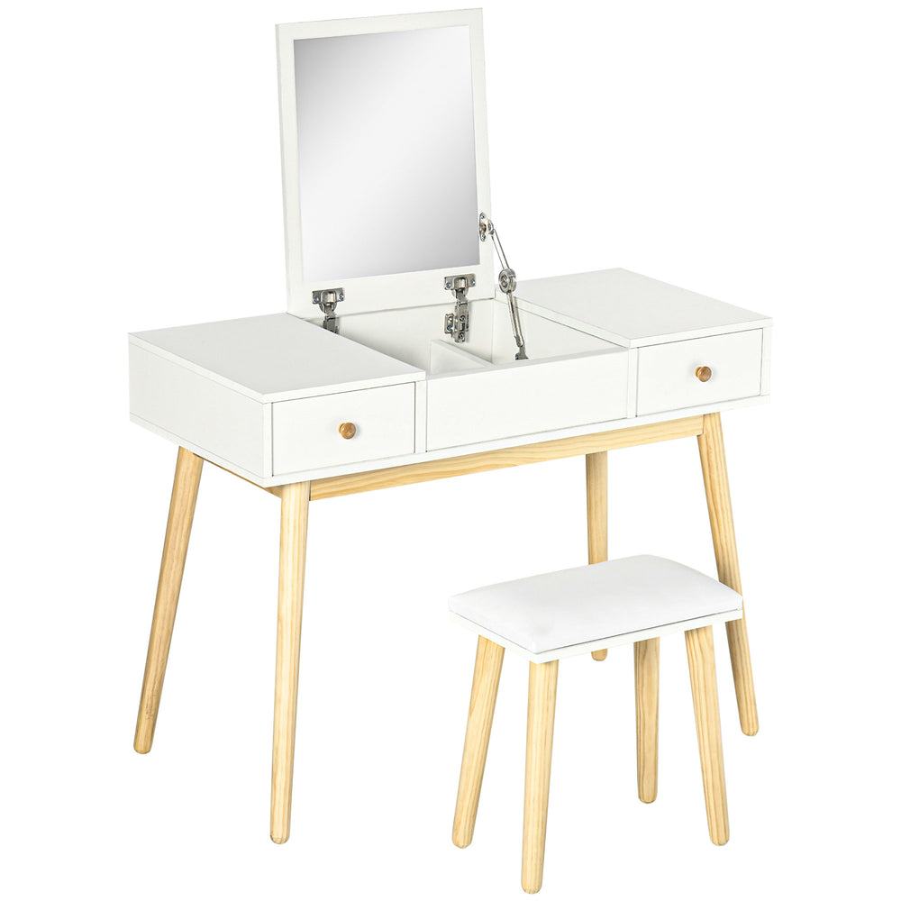 Dressing table with folding mirror and padded stool, white 