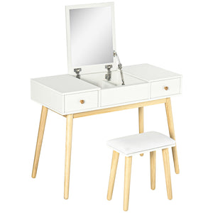 Dressing table with folding mirror and padded stool, white 