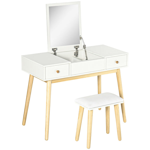 Dressing table with folding mirror and padded stool, white 
