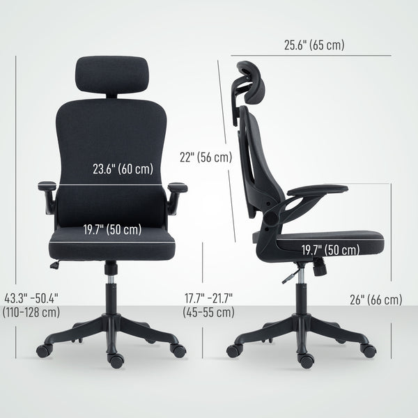 Ergonomic swivel office chair with lumbar support, adjustable headrest and height, flip-up armrests, black