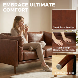 Canapé 2 places, revêtement en similicuir, assise large, mousse haute densité, coussins épais, pieds en bois, marron