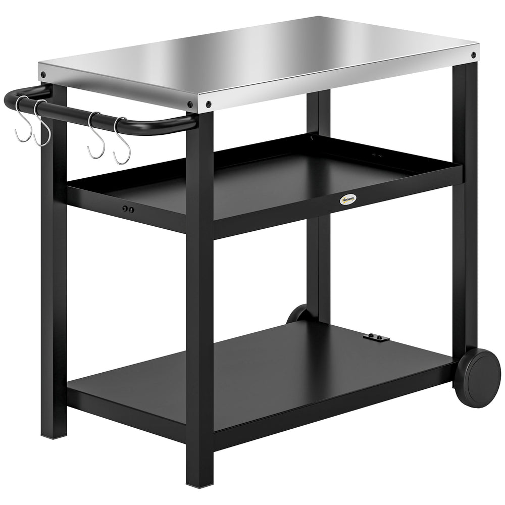 3-shelf stainless steel kitchen trolley with hooks, anthracite grey