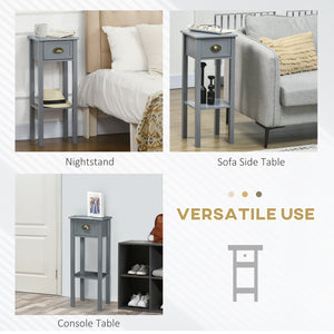 Set of 2 narrow bedside tables with drawer and shelf, gray