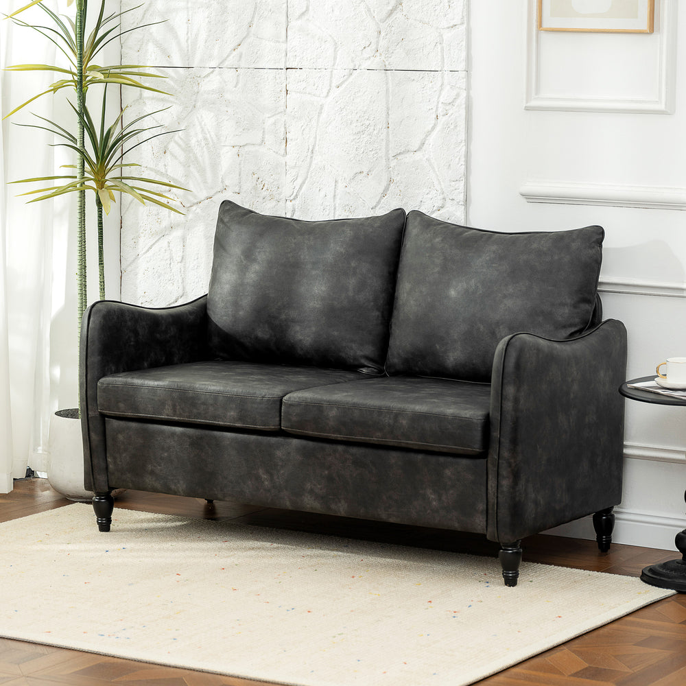 2 seater sofa with solid wood legs upholstered in faux leather, gray