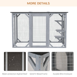 Wooden Cat Cage with Waterproof Roof, Multi-Level Platforms, Lockable, Grey