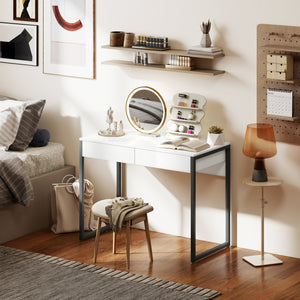 Glossy Computer Desk with 2 Drawers for Small Spaces, White and Grey