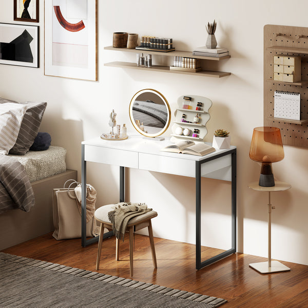 Glossy Computer Desk with 2 Drawers for Small Spaces, White and Grey