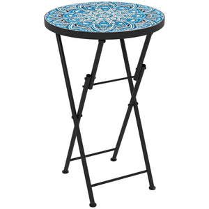 Mosaic Outdoor Patio Side Table, 14" Round Folding Outdoor Coffee Table with Steel Frame for Balcony Deck Patio Terrace, Blue