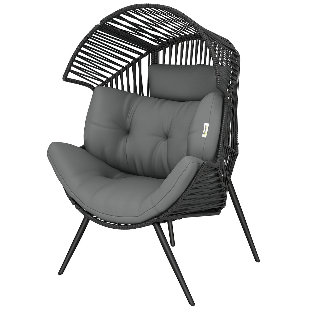 Wicker rattan egg chair with thick cushion and headrest, steel frame, adjustable cushions, grey