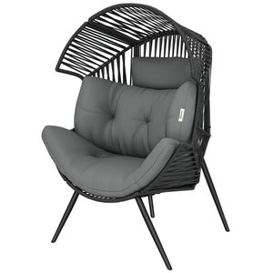 Wicker rattan egg chair with thick cushion and headrest, steel frame, adjustable cushions, grey
