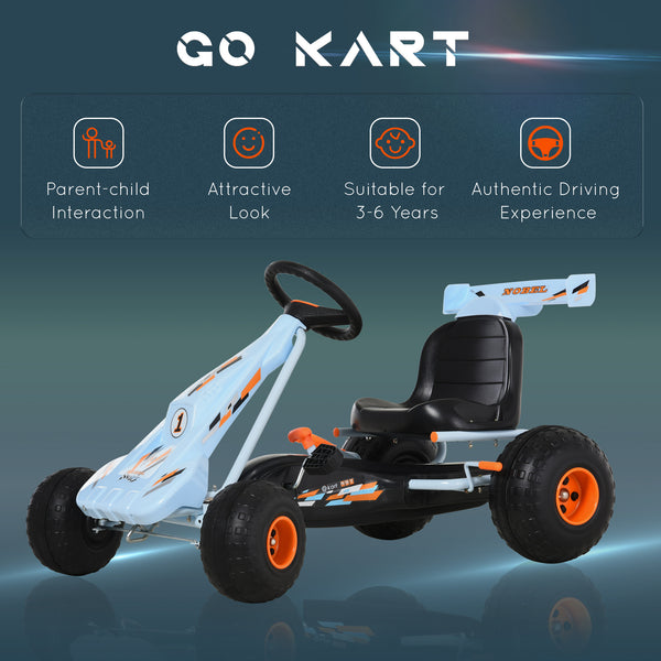 Pedal go-kart with adjustable seat, handbrake and gear lever, pale blue