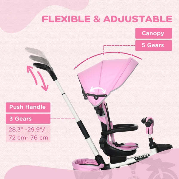 6 in 1 Foldable Tricycle with Adjustable Seat and Push Handle, Pink