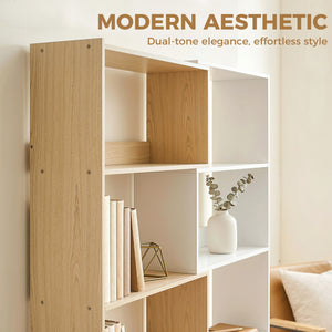 5-tier L-shaped bookcase with 350° rotation, two-tone design, fruitwood/white