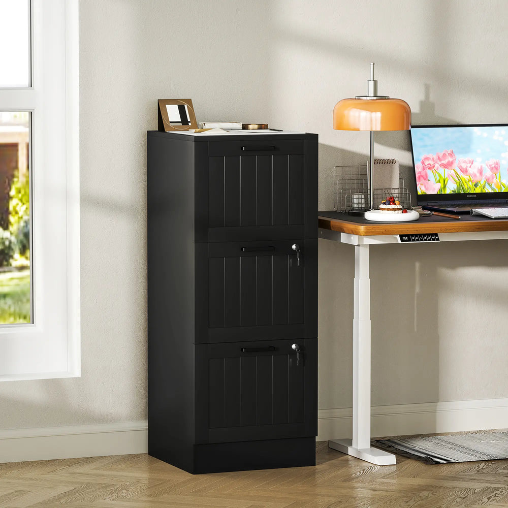 3-Drawer Filing Cabinet with Lock, Office Storage Cabinet with Adjustable Hanging Bars for A4 Files, Black
