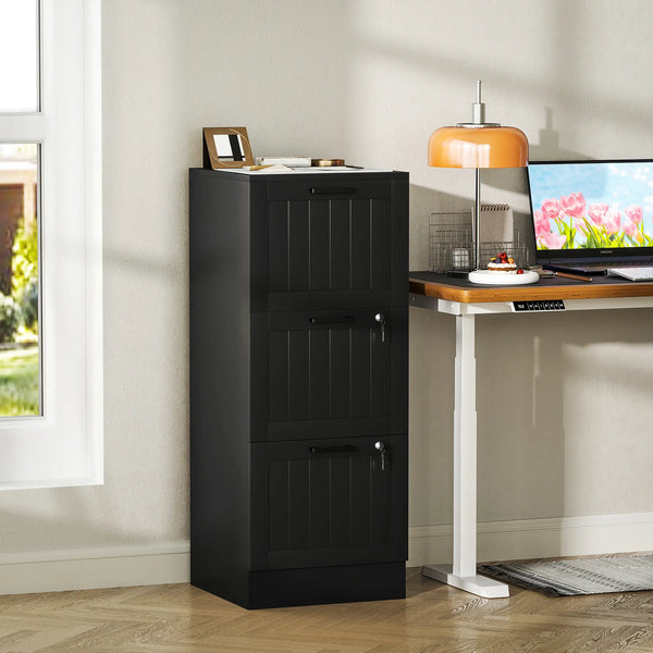 3-Drawer Filing Cabinet with Lock, Office Storage Cabinet with Adjustable Hanging Bars for A4 Files, Black