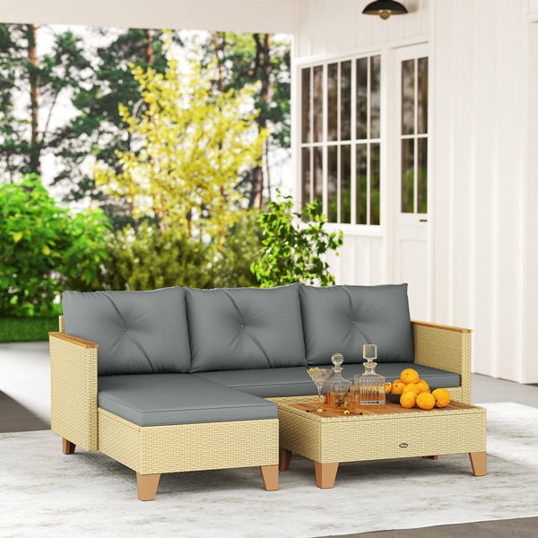 3 Piece L-Shaped Garden Furniture Set with Coffee Table and Wooden Top, Light Grey
