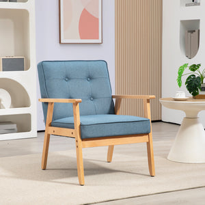 Modern fabric accent chair with tufted back and wooden legs, blue
