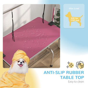 Adjustable Dog Grooming Table with 2 Safety Straps and Storage Basket, Pink