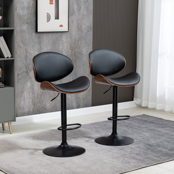 Set of 2 Modern Faux Leather Adjustable Swivel Bar Stools, Black 