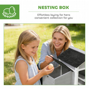 Wooden chicken coop with nesting box and removable metal tray