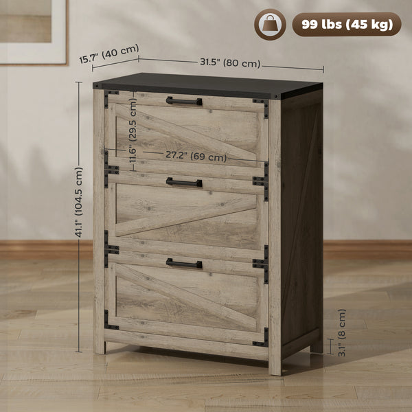 Country Style 3 Drawer Filing Cabinet with Adjustable Hanging Bars for Letter, A4, Legal Size, Grey