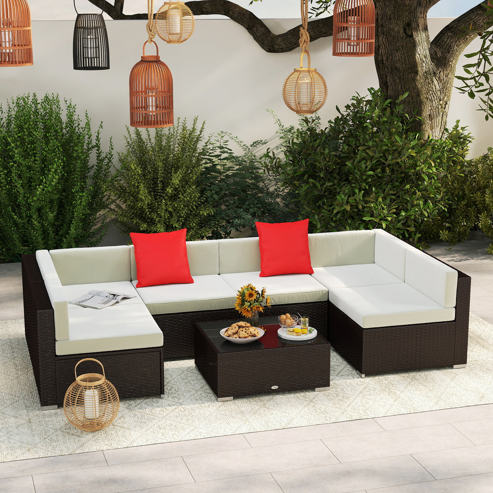 7-piece garden sofa set in woven resin, dark brown and beige