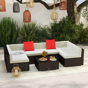 7-piece garden sofa set in woven resin, dark brown and beige
