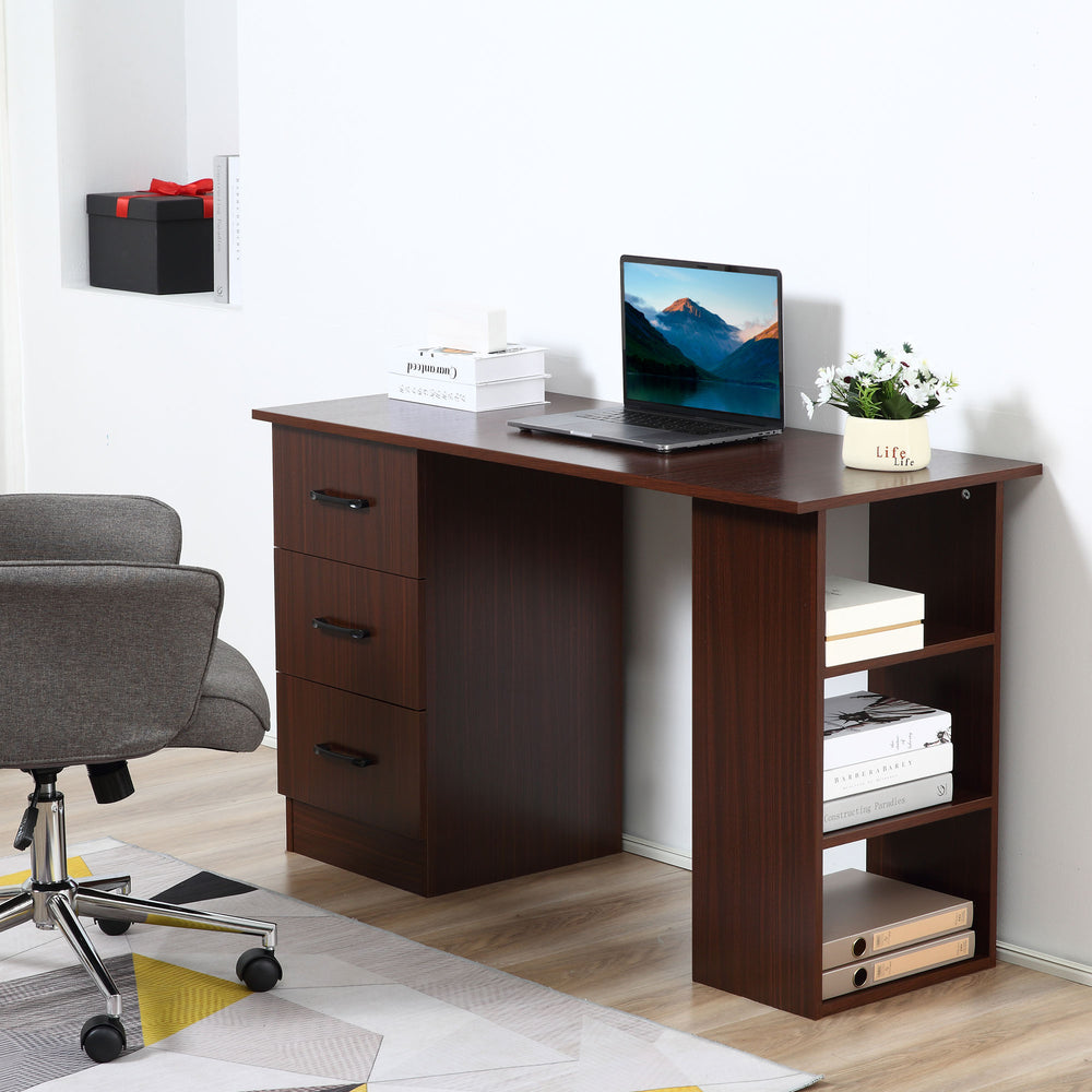 Computer Desk with 3-Tier Storage Shelves with Drawers, Walnut Color