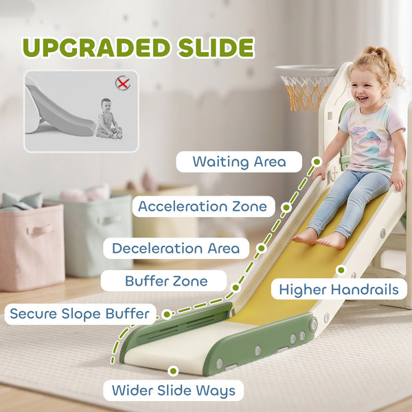 Qaba Foldable 4-in-1 Toddler Slide with Climber, Basketball Hoop, Storage Space, and Basketball for Ages 1-3 Years, Cream