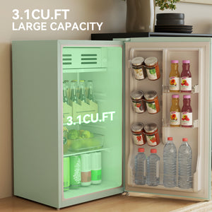 Retro Mini Fridge 3.1 cu. ft., Compact Single Door Refrigerator with Adjustable Thermostat, 2 Glass Shelves, Green