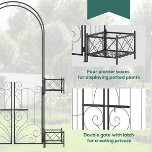 Metal garden arch with gate and 4 planters
