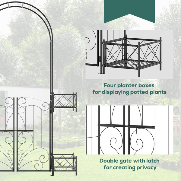 Metal garden arch with gate and 4 planters