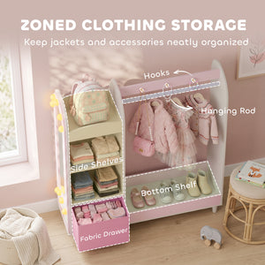 Children's wardrobe with illuminated mirror, hanging rail and storage, white/pink