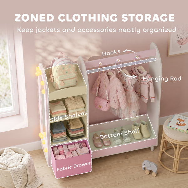 Children's wardrobe with illuminated mirror, hanging rail and storage, white/pink
