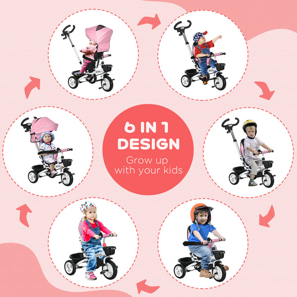6-in-1 Tricycle with Parent Handle, Canopy, Storage Baskets and Cup Holder, Pink