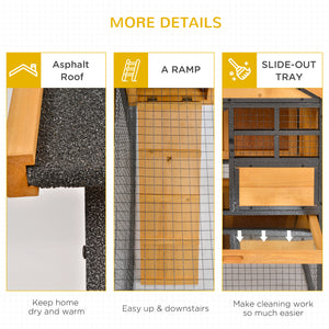 Outdoor hutch with run, sturdy metal frame, asphalt roof, and access ramp