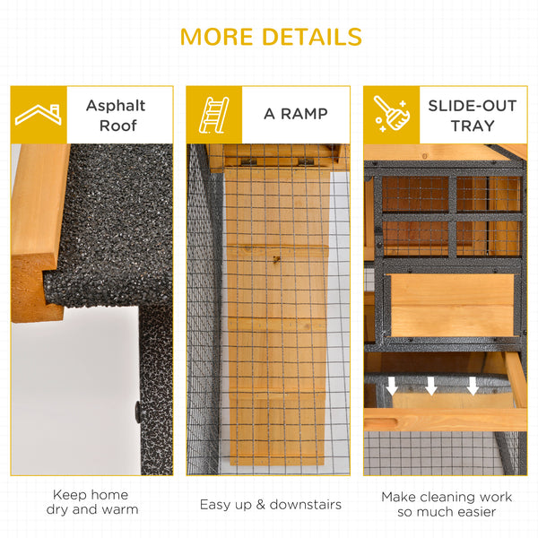Outdoor hutch with run, sturdy metal frame, asphalt roof, and access ramp