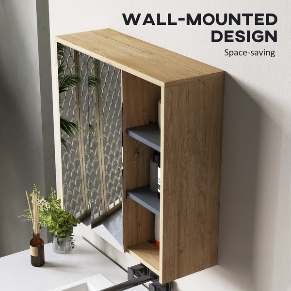 Wall-mounted bathroom cabinet with mirror and 5 storage compartments – Natural wood effect