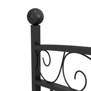 Metal garden walkway with railing and decorative scrolls, black