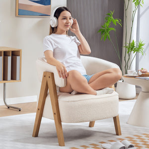 Sherpa Fleece Accent Chair with Solid Wood Legs, White